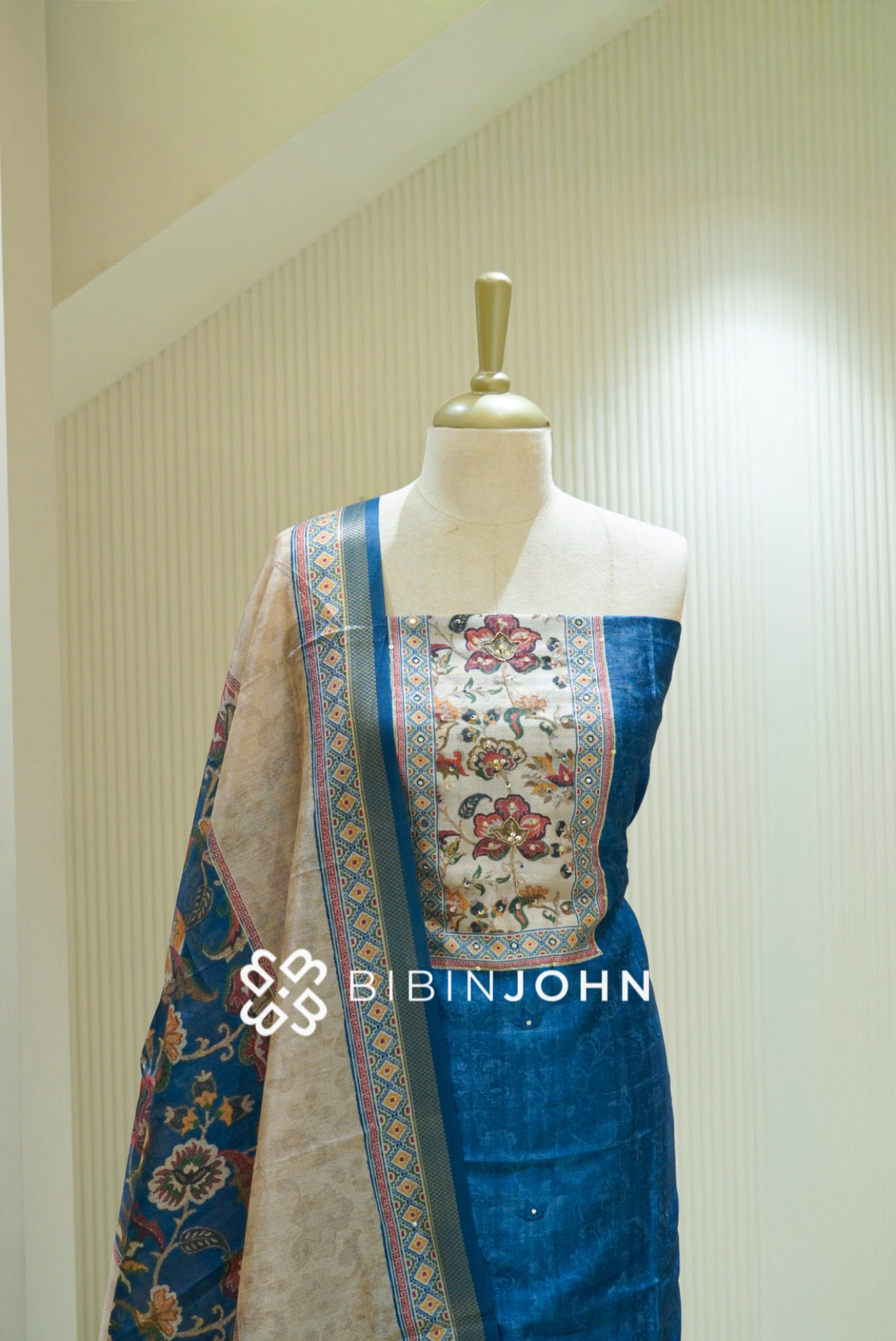 Semi Silk Embroidery Unstitched Salwar Suit Material Royal Blue with Beige BJ2476