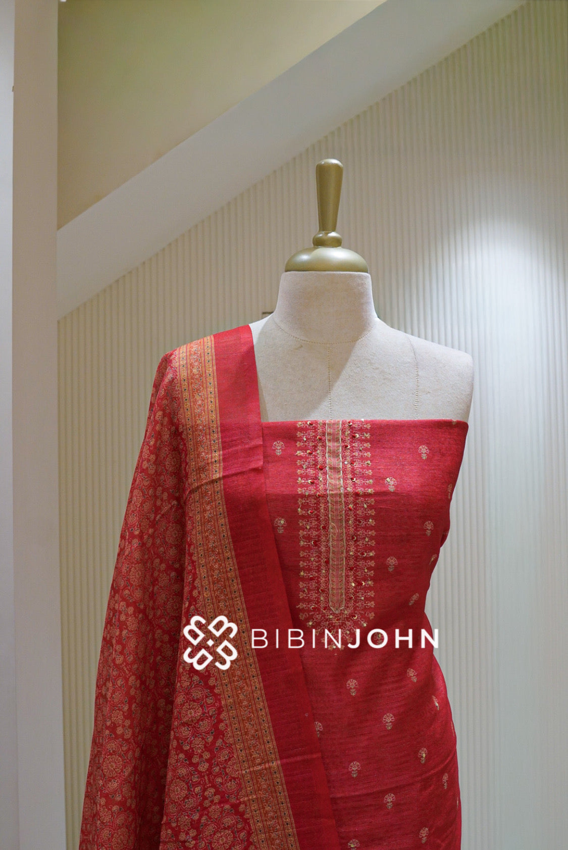 Semi Silk Embroidery Unstitched Salwar Suit Material Coral Red BJ2536
