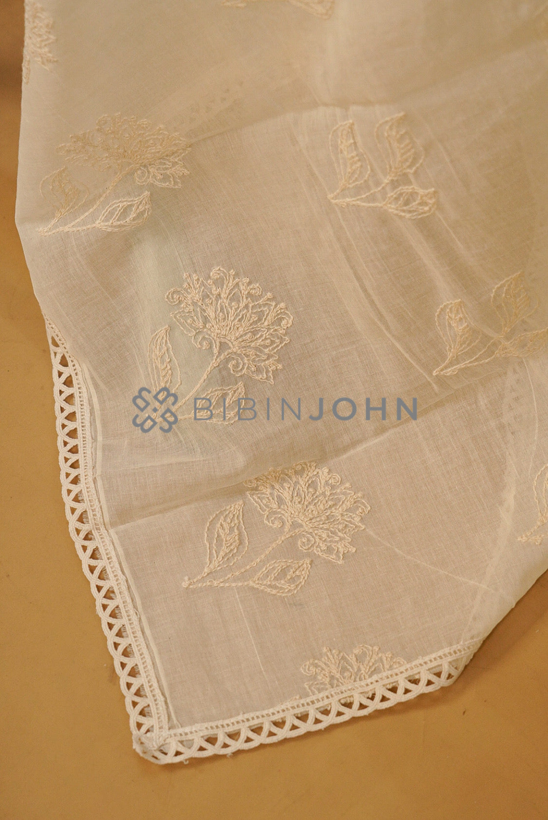 Mul Cotton Embroidery Dupatta For Women Cream side view.