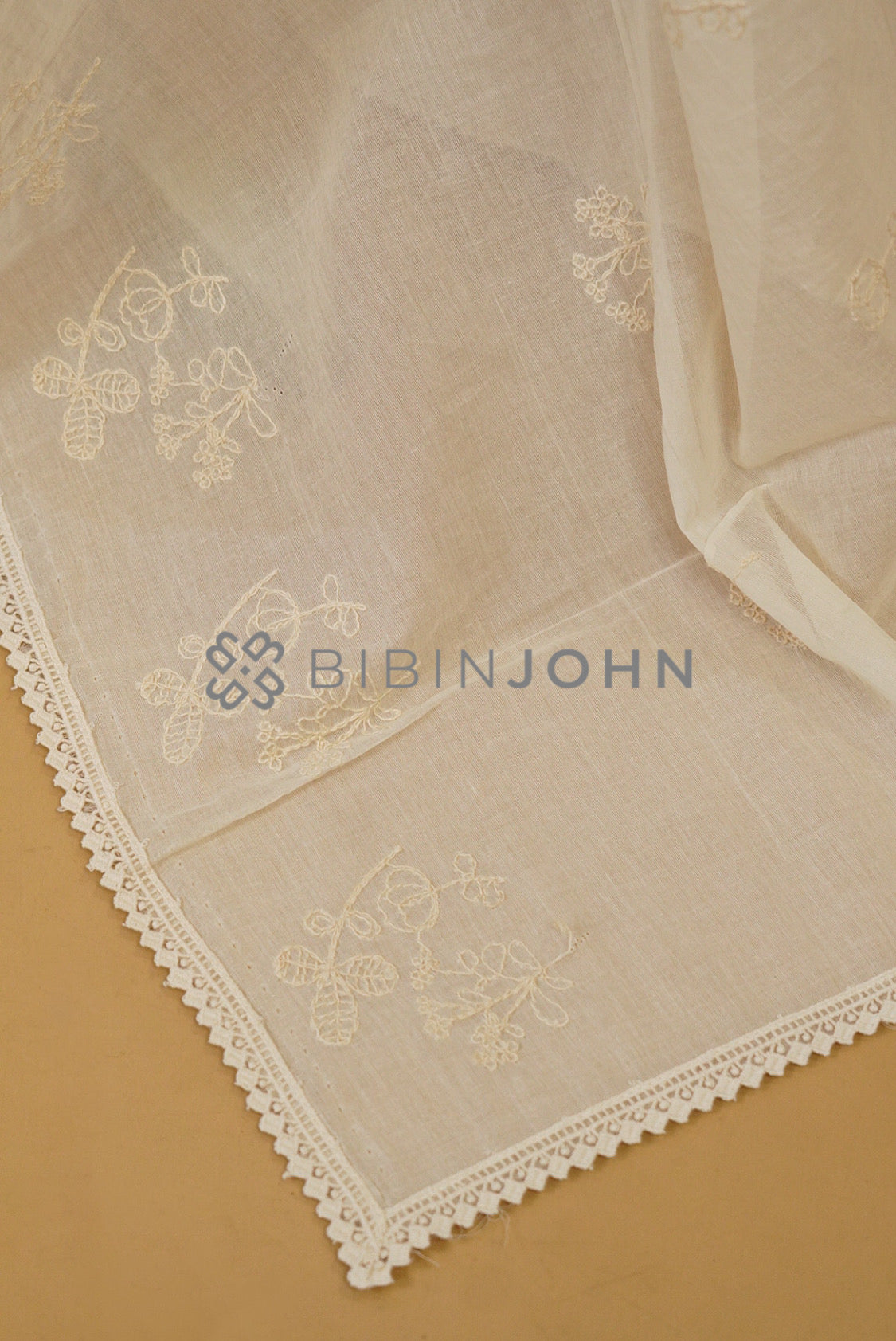Mul Cotton Embroidery Dupatta For Women Off White side view.