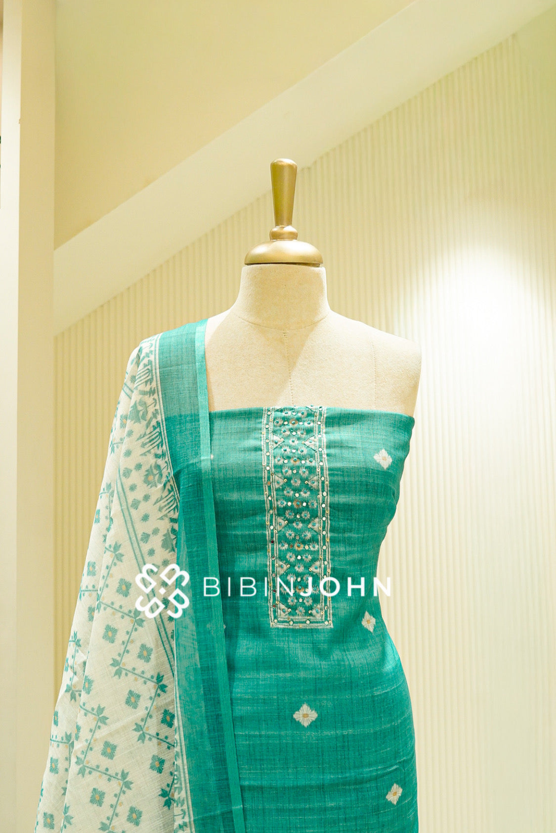 Art Linen Embroidery Unstitched Salwar Suit Material Teal Green with White CLOSE VIEW