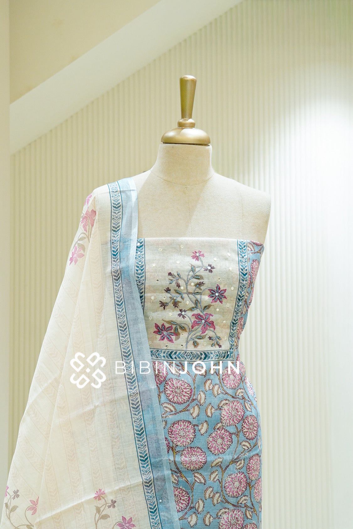 Art Linen Embroidery Unstitched Salwar Suit Material Powder Blue CLOSE VIEW
