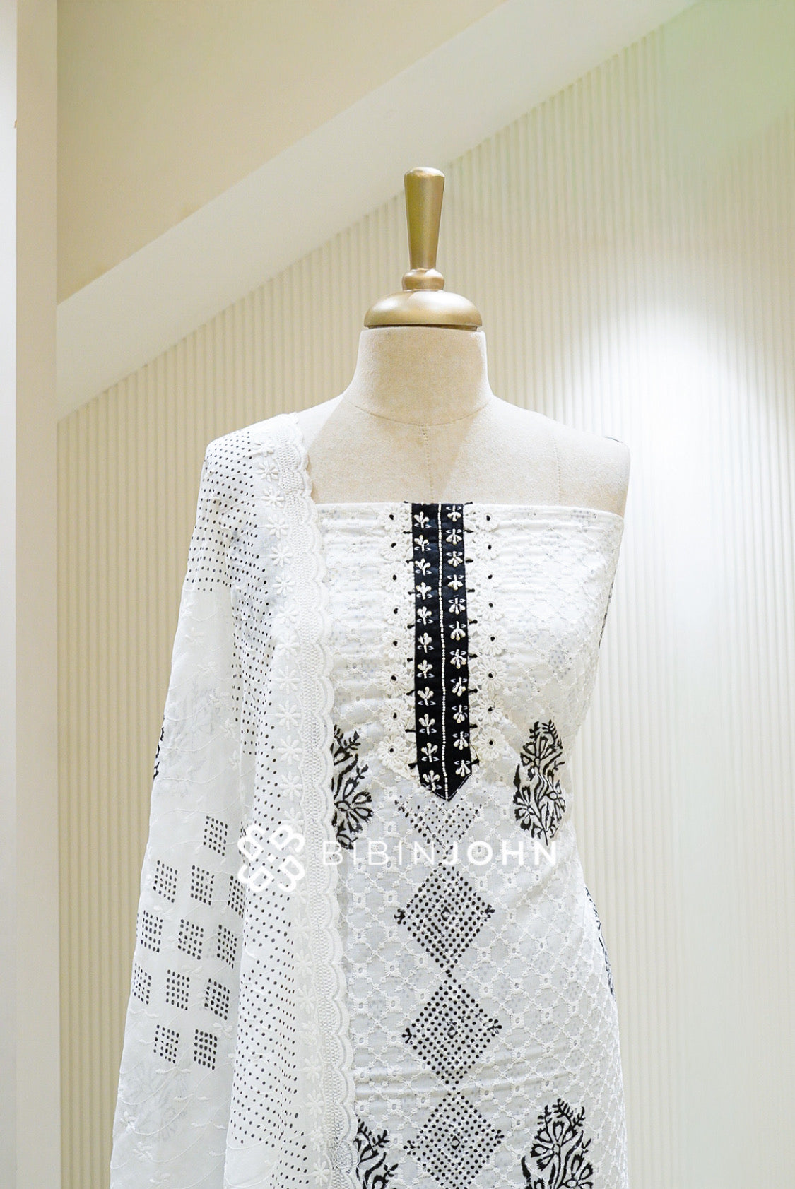 Cotton Embroidery Unstitched Salwar Suit Material White with Black CLOSE VIEW