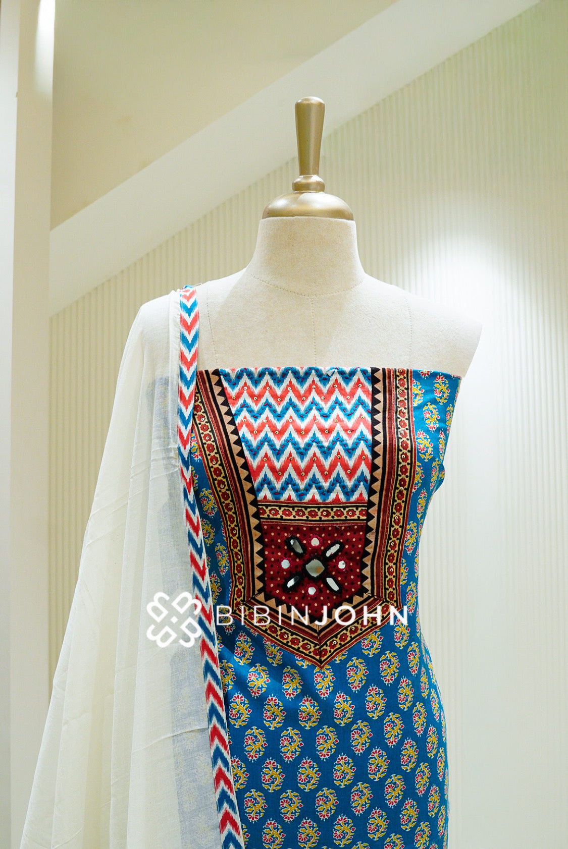 Cotton Embroidery Unstitched Salwar Suit Material Teal Blue CLOSE VIEW
