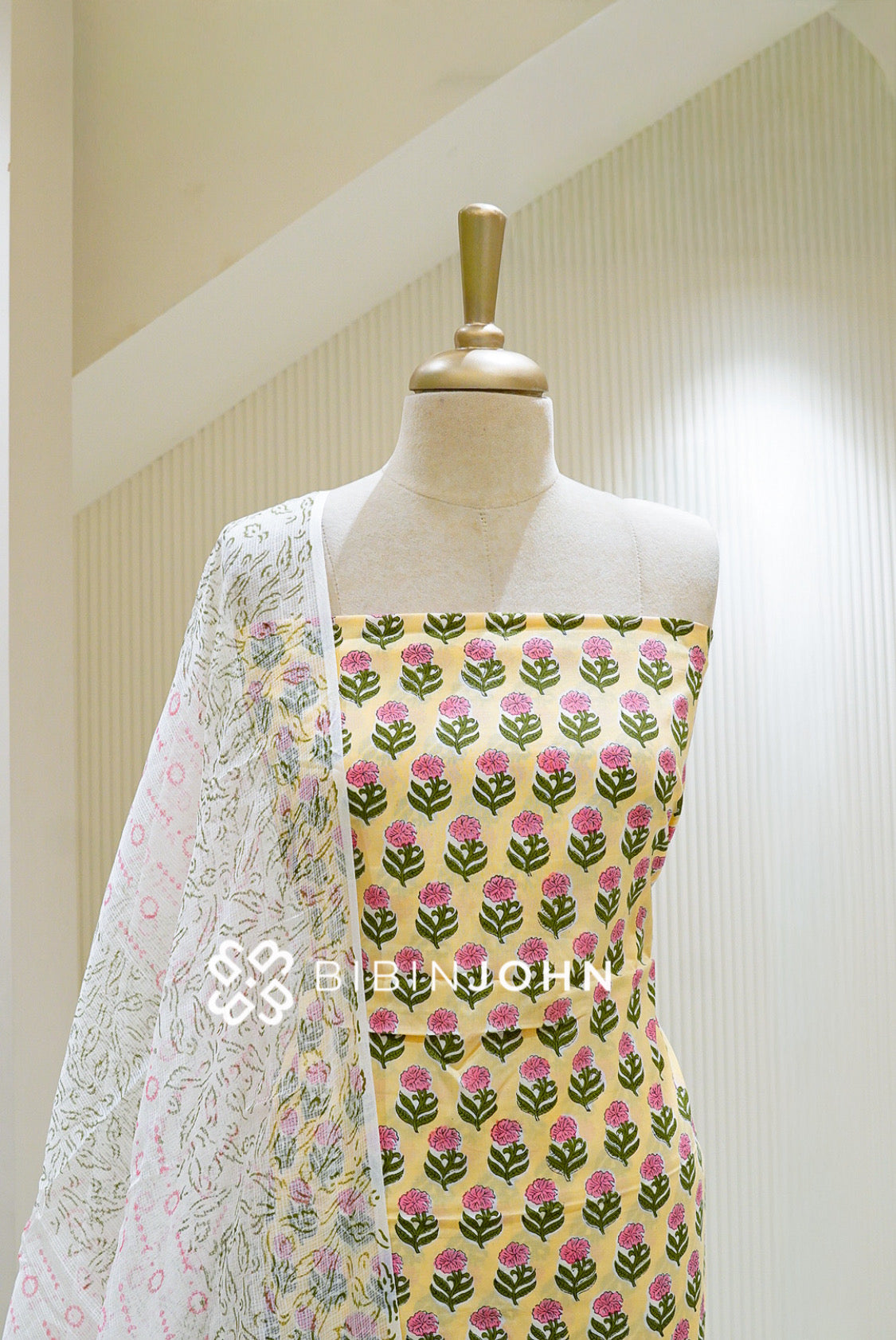 Printed Cotton Unstitched Salwar Suit Material Lemon Yellow close view