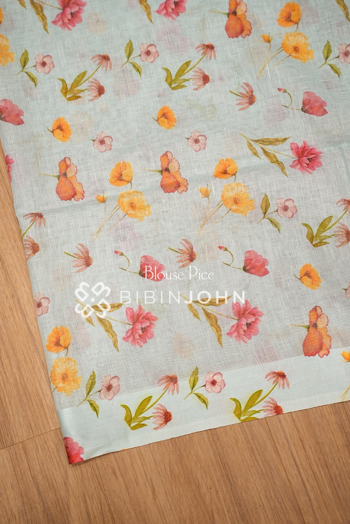 Printed Linen Saree For Women Light Aqua Blue blouse piece