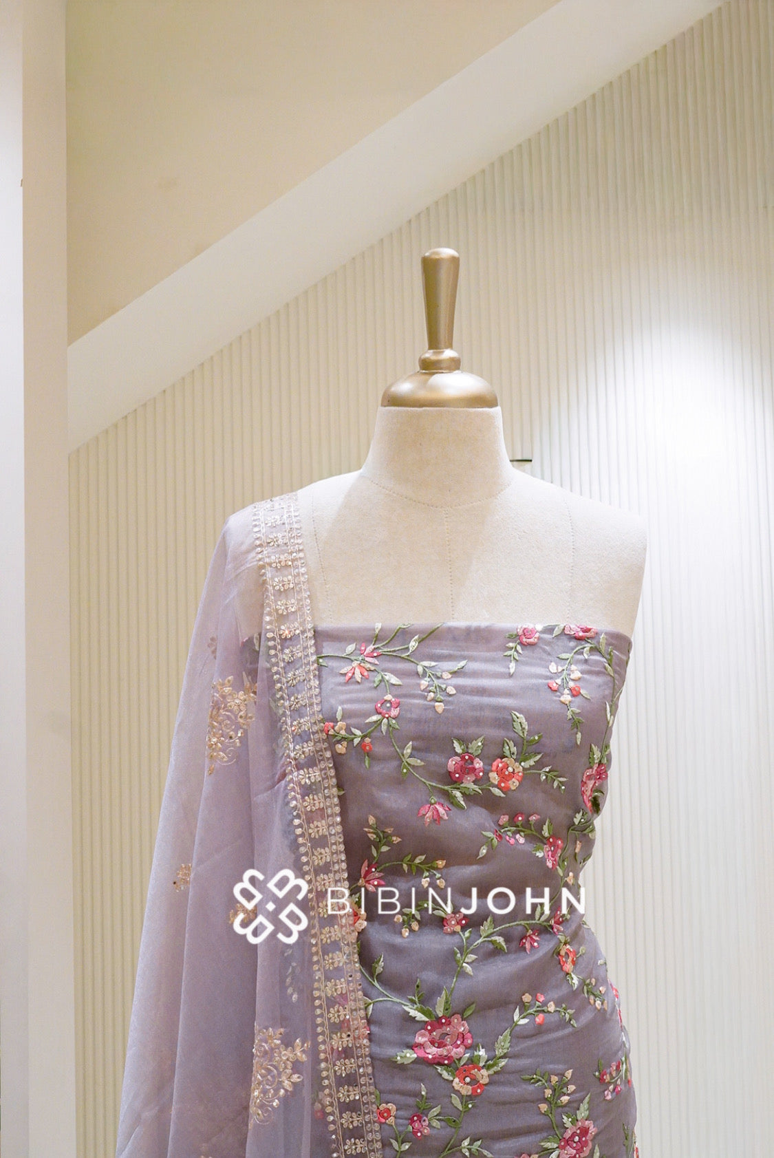 Organza Embroidery Unstitched Salwar Suit Material Lavender Grey BJ1329