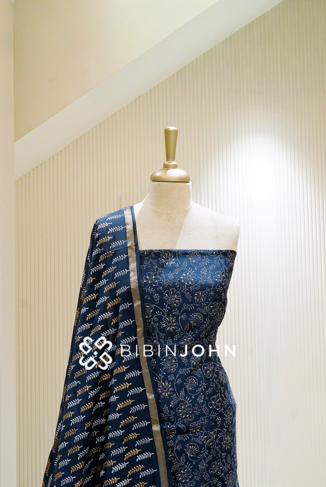 Printed Chanderi Unstitched Salwar Suit Material Navy Blue BJ1338