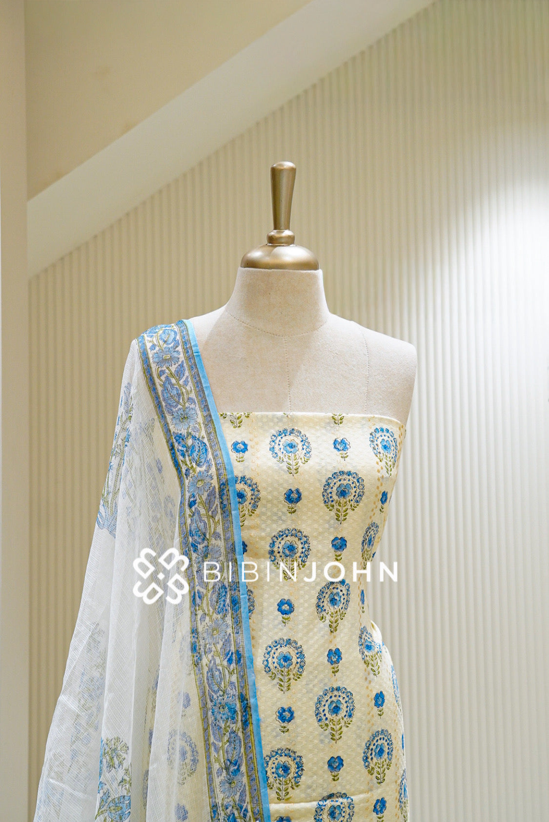 Printed Cotton Unstitched Salwar Suit Material Cream with Sky Blue BJ1450