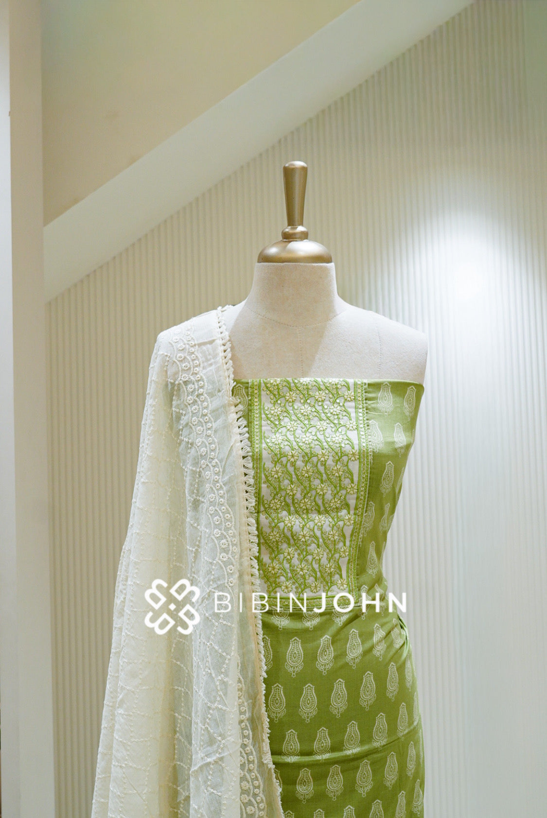 Printed Cotton Embroidery Unstitched Salwar Suit Material Olive Green BJ1503