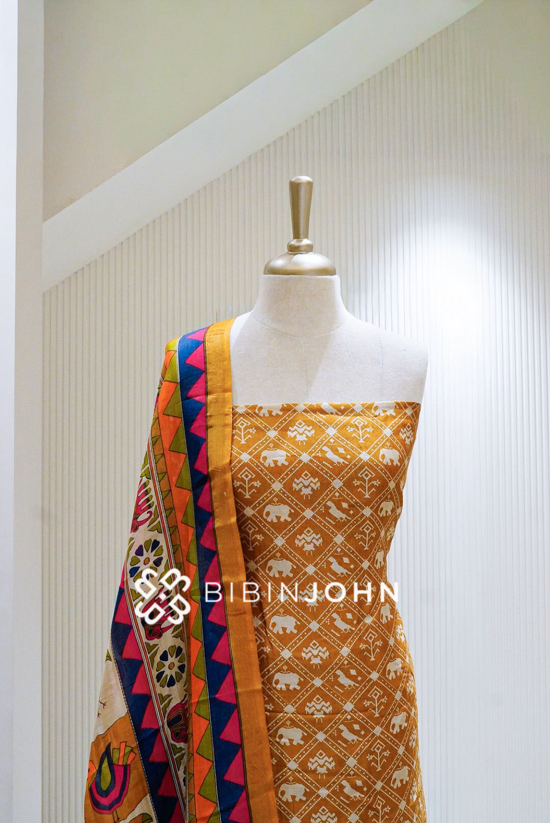 Printed Chanderi Unstitched Salwar Suit Material Mustard Yellow BJ1609