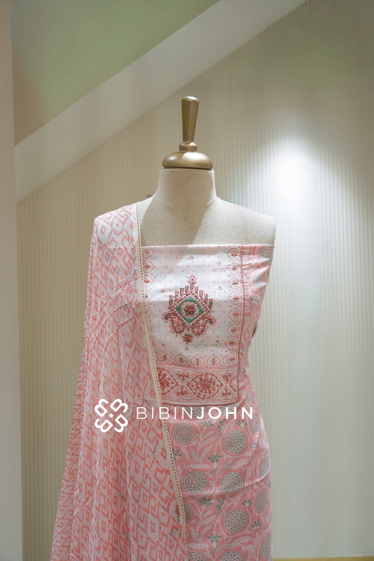 Cotton Embroidery Unstitched Salwar Suit Material Peach Pink BJ2242