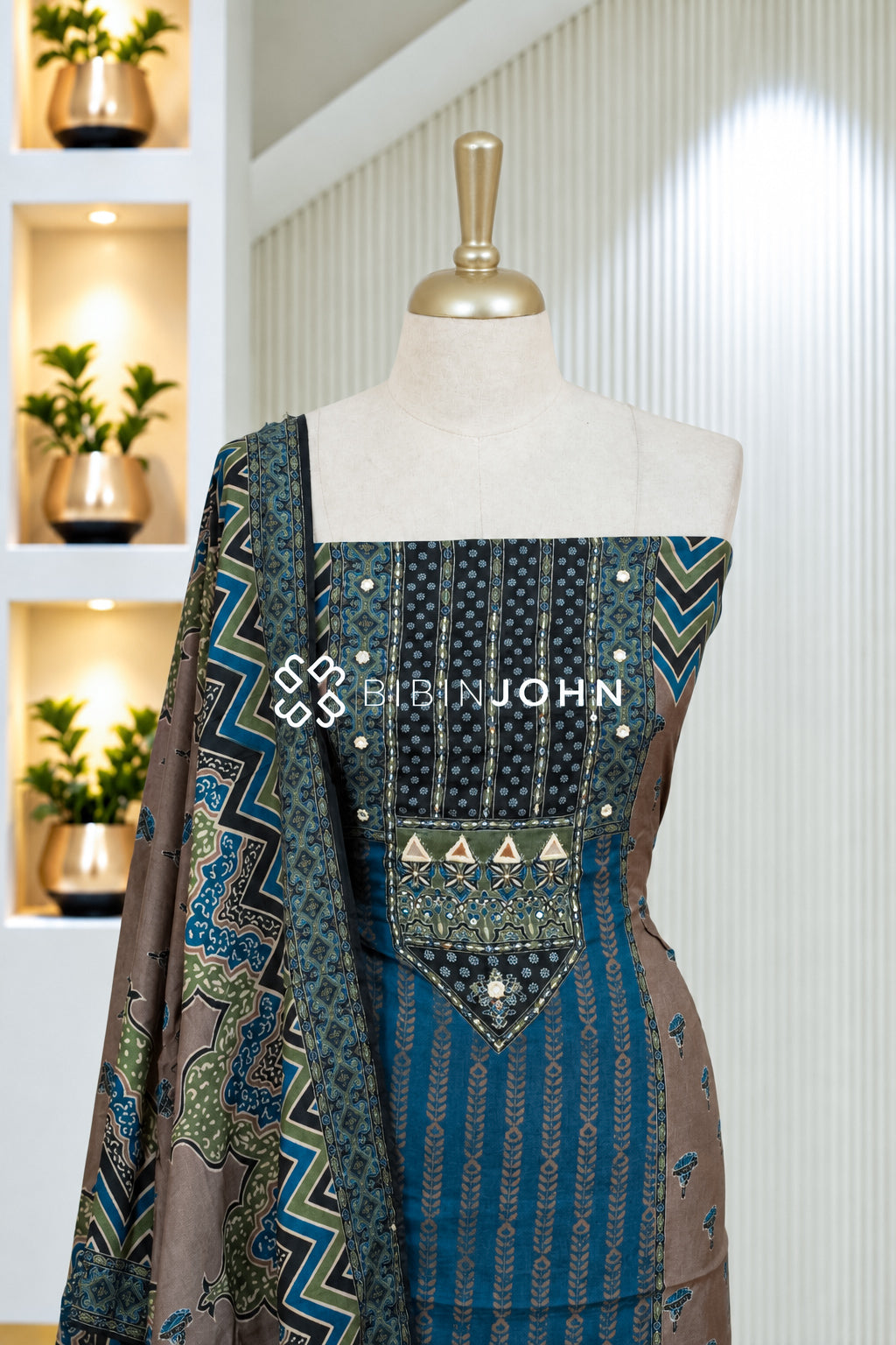 Muslin Embroidery Unstitched Salwar Suit Material Teal Blue BJ1947
