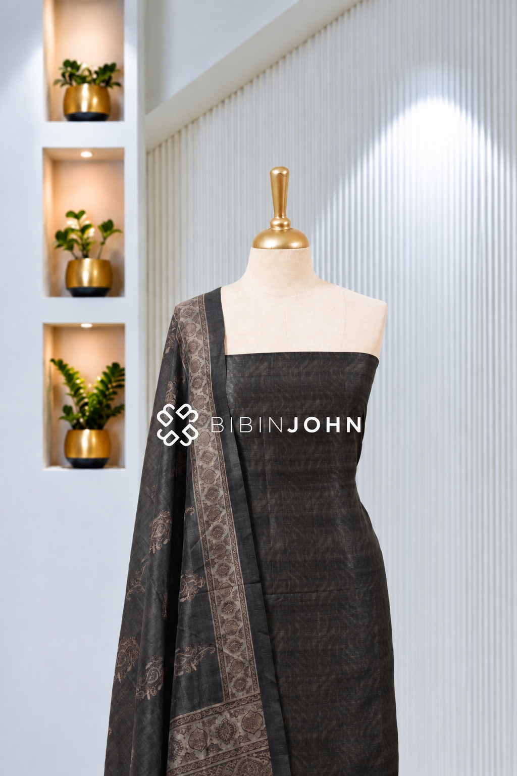Printed Chanderi Unstitched Salwar Suit Material Charcoal Black BJ1962