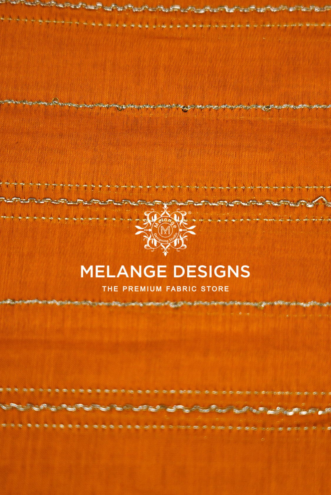 A close-up of an orange Chanderi Silk Embroidery Fabric with horizontal .