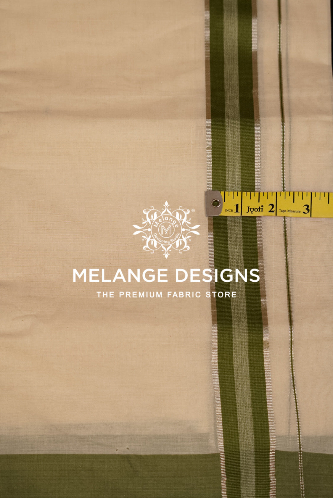 Cotton Dhoti For Men Off White with Olive Green close view.