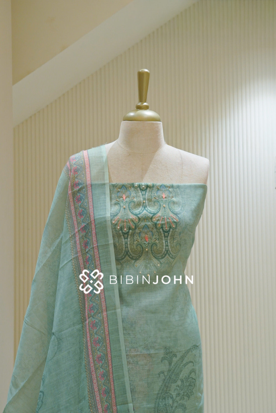 Printed Linen Cotton Embroidery Unstitched Salwar Suit Material Pastel Mint Green BJ2614