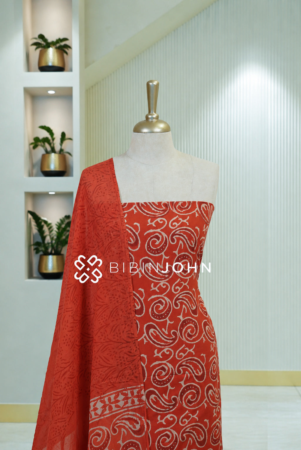 Printed Cotton Unstitched Salwar Suit Material Vermilion Red BJ1804