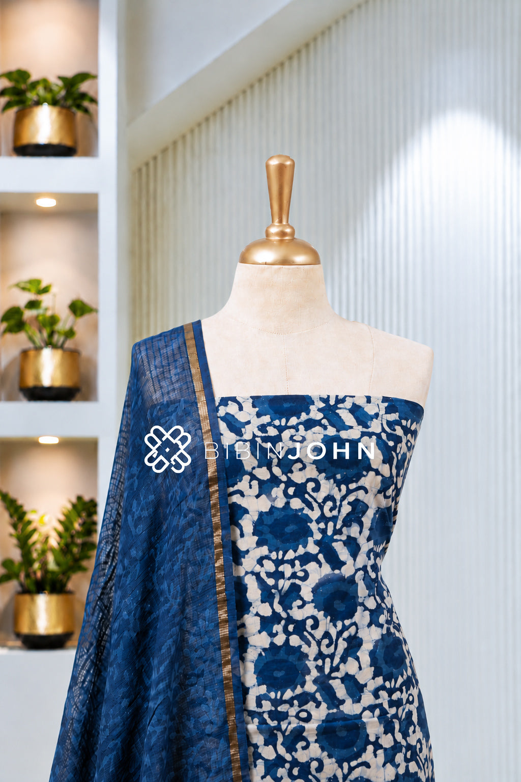 Printed Cotton Unstitched Salwar Suit Material Navy Blue With Ivory BJ1973