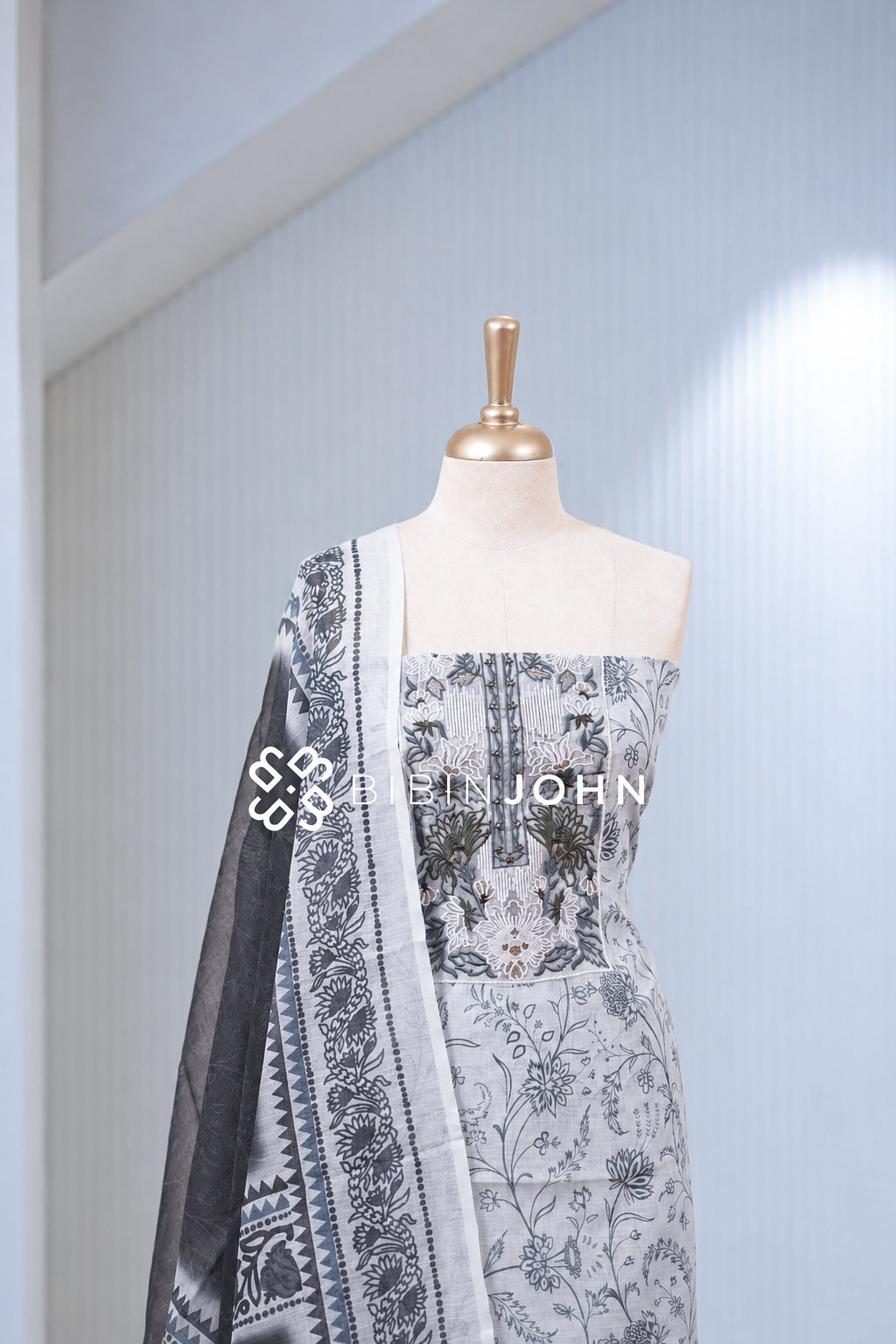 Chanderi Embroidery Unstitched Salwar Suit Material Light Grey BJ2023