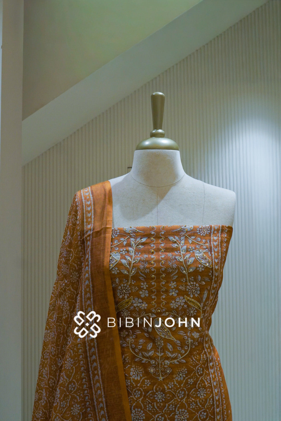 Semi Linen Printed Embroidery Unstitched Salwar Suit Material Mustard Yellow BJ2525
