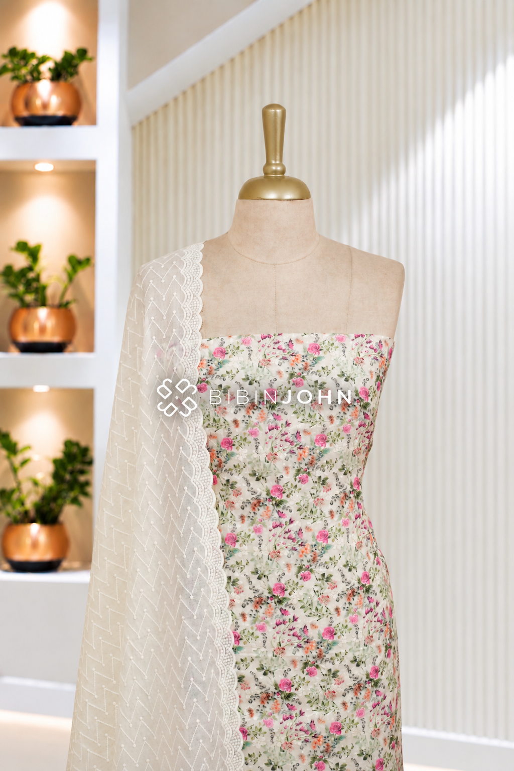 Cotton Embroidery Unstitched Salwar Suit Material Ivory White BJ2095
