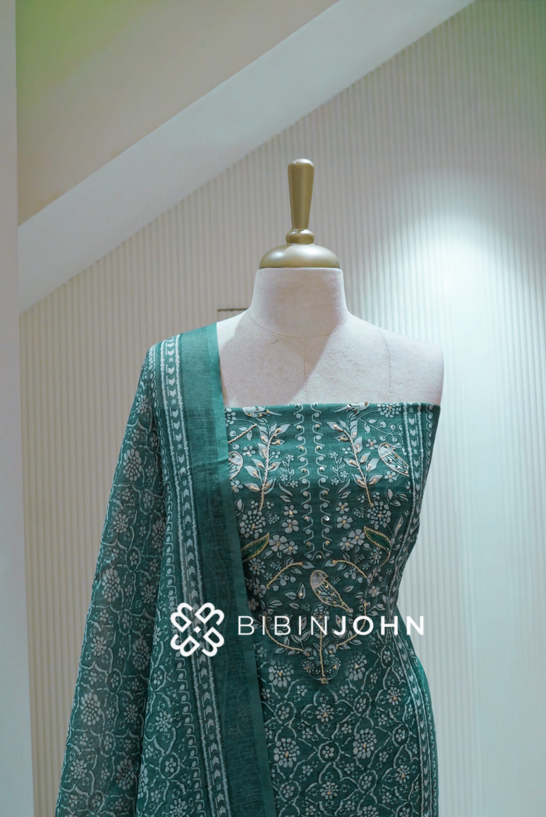 Semi Linen Printed Embroidery Unstitched Salwar Suit Material Deep Teal Green BJ2524