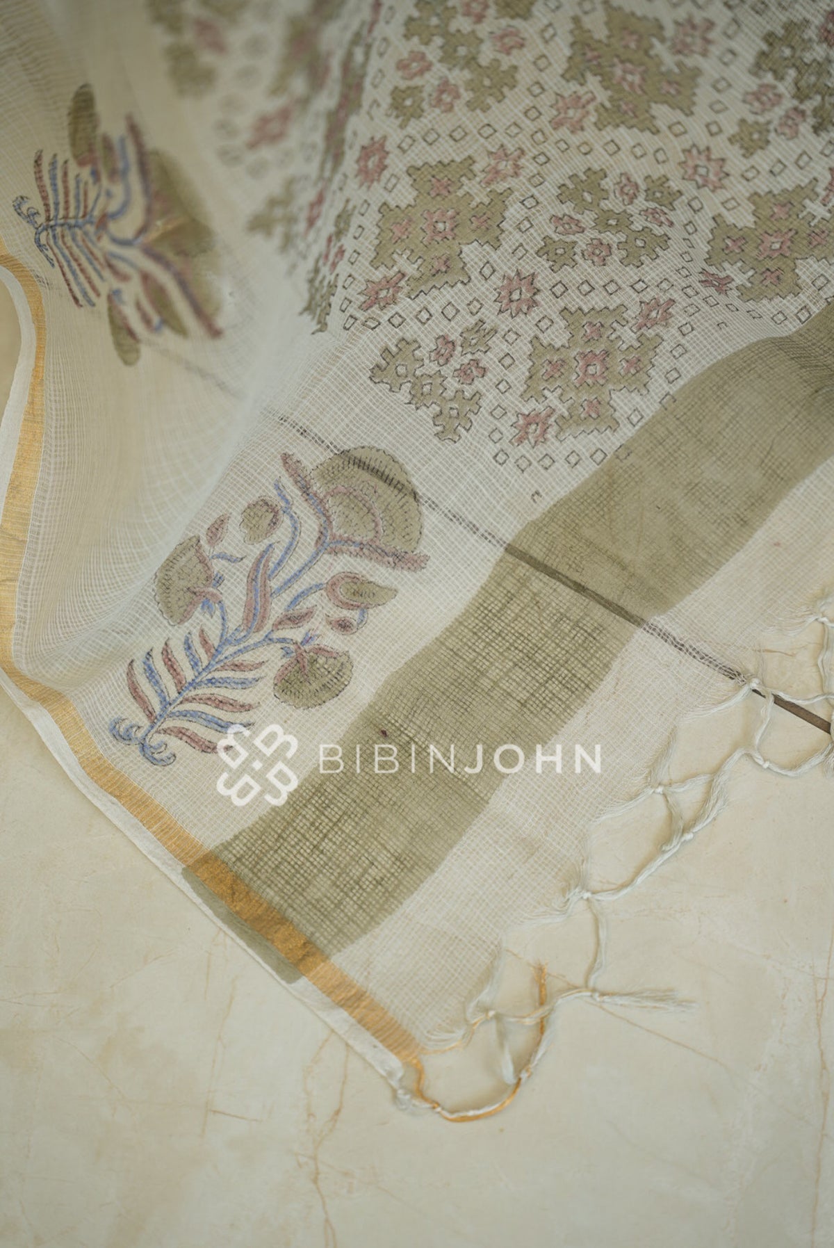 Cotton Cotta Dupatta For Women Ivory White with Sage Green BJ2395