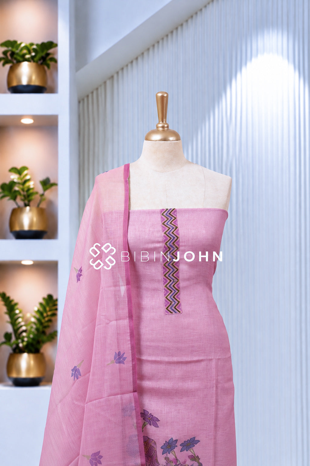 Printed Art Linen Unstitched Salwar Suit Material Baby Pink BJ1975