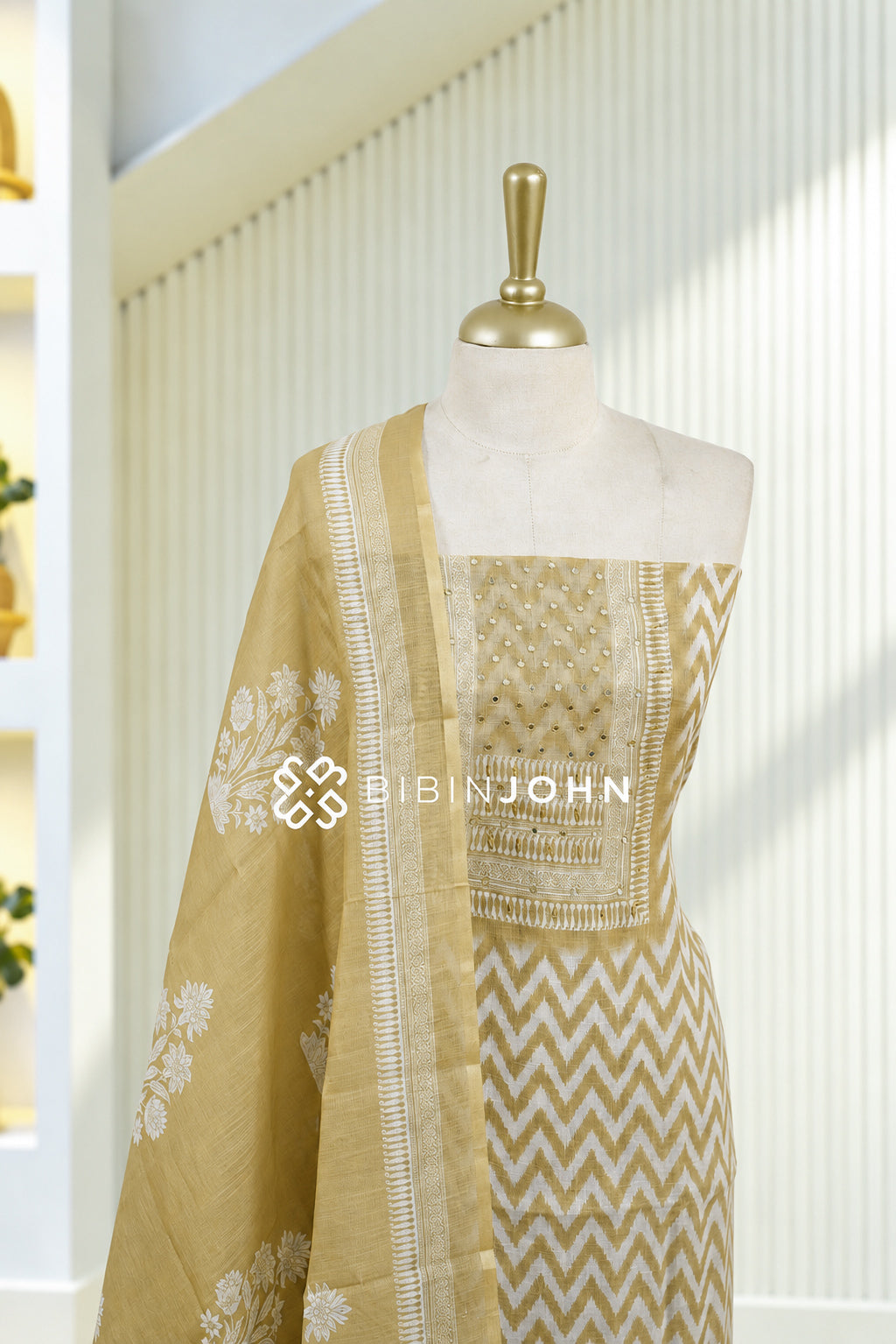 Chanderi Embroidery Unstitched Salwar Suit Material Muted Mustard Gold BJ1841