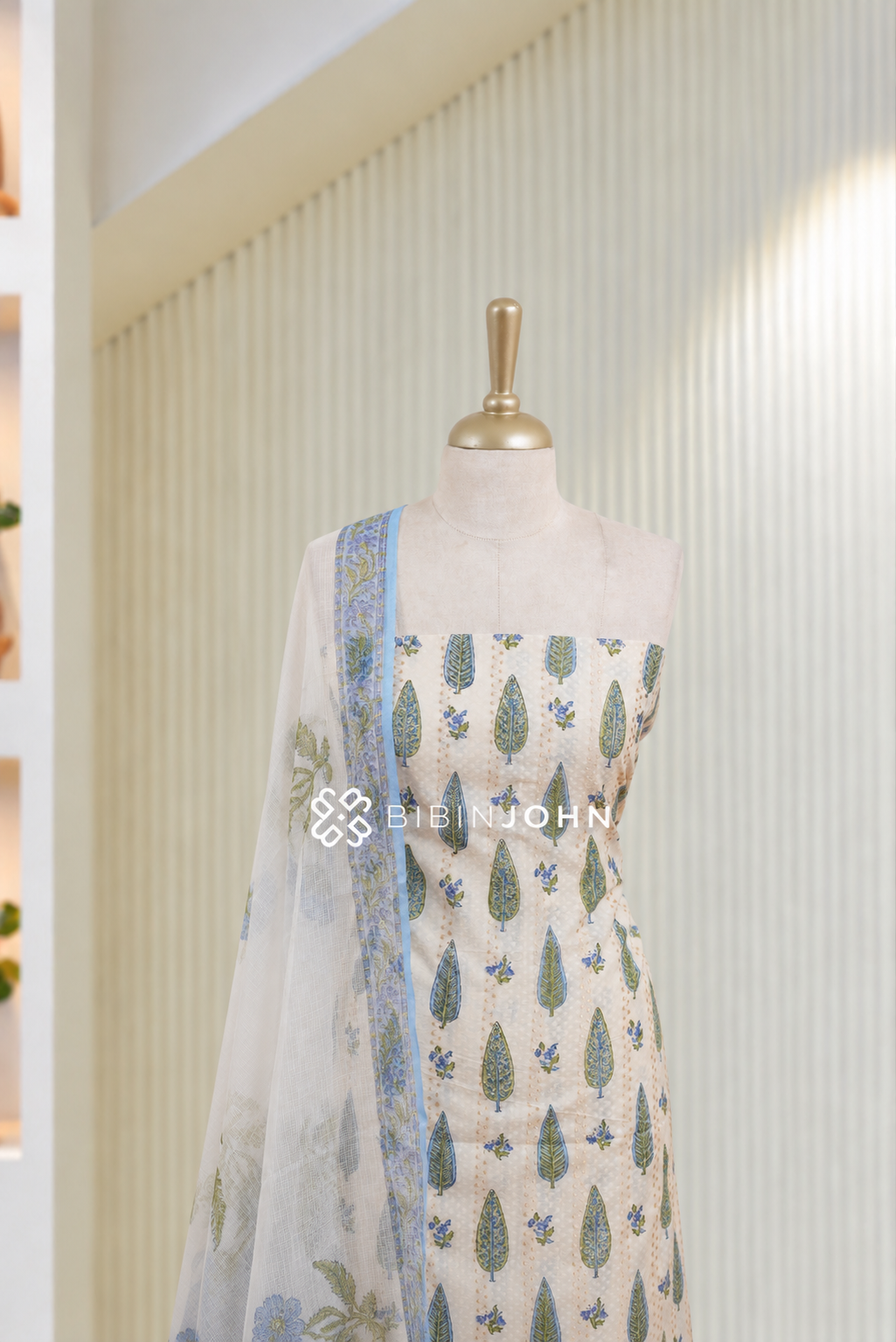 Printed Cotton Unstitched Salwar Suit Material Ivory White with Powder Blue BJ1837