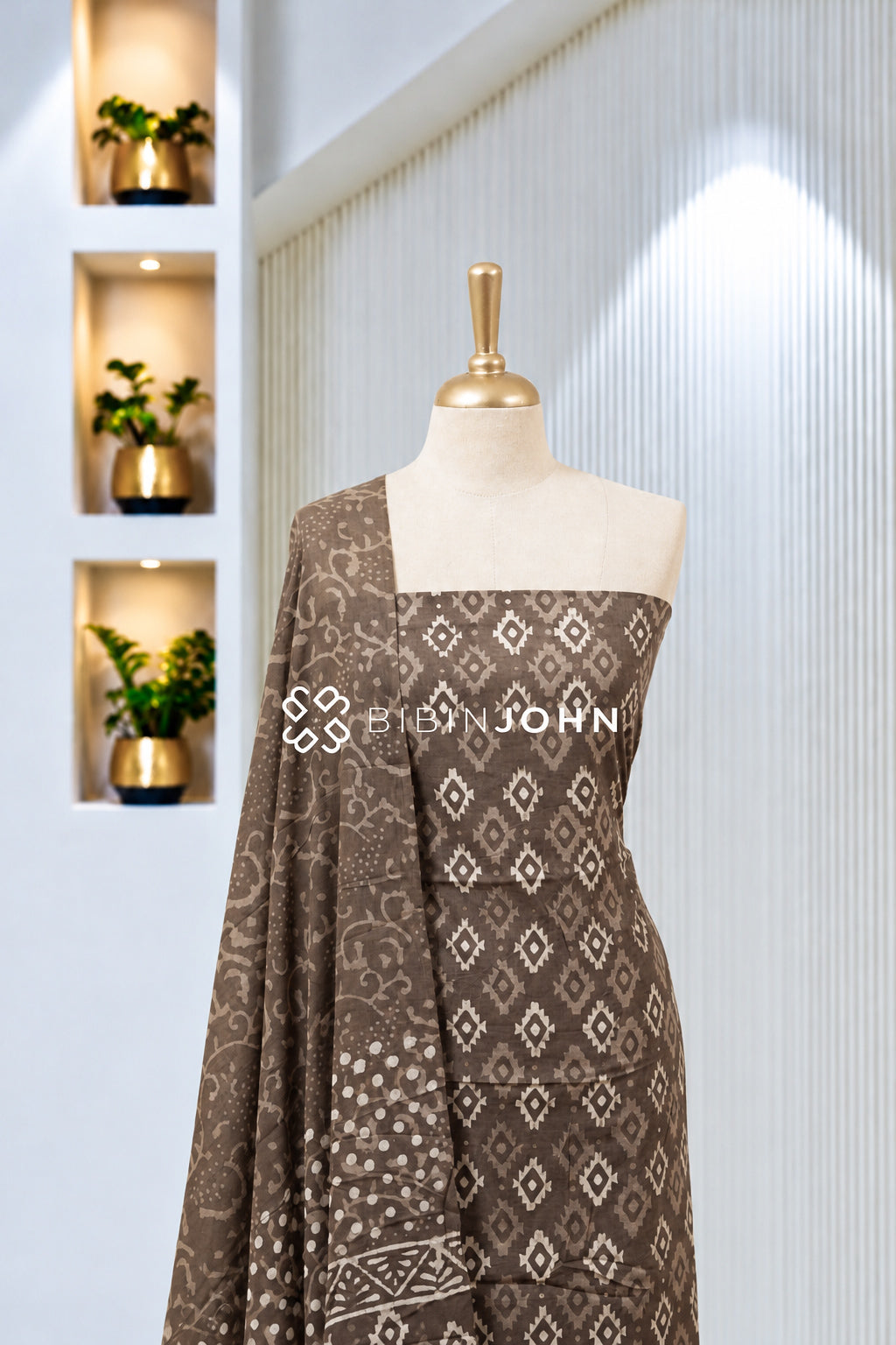 Printed Cotton Unstitched Salwar Suit Material Mocha Brown With Beige BJ1977