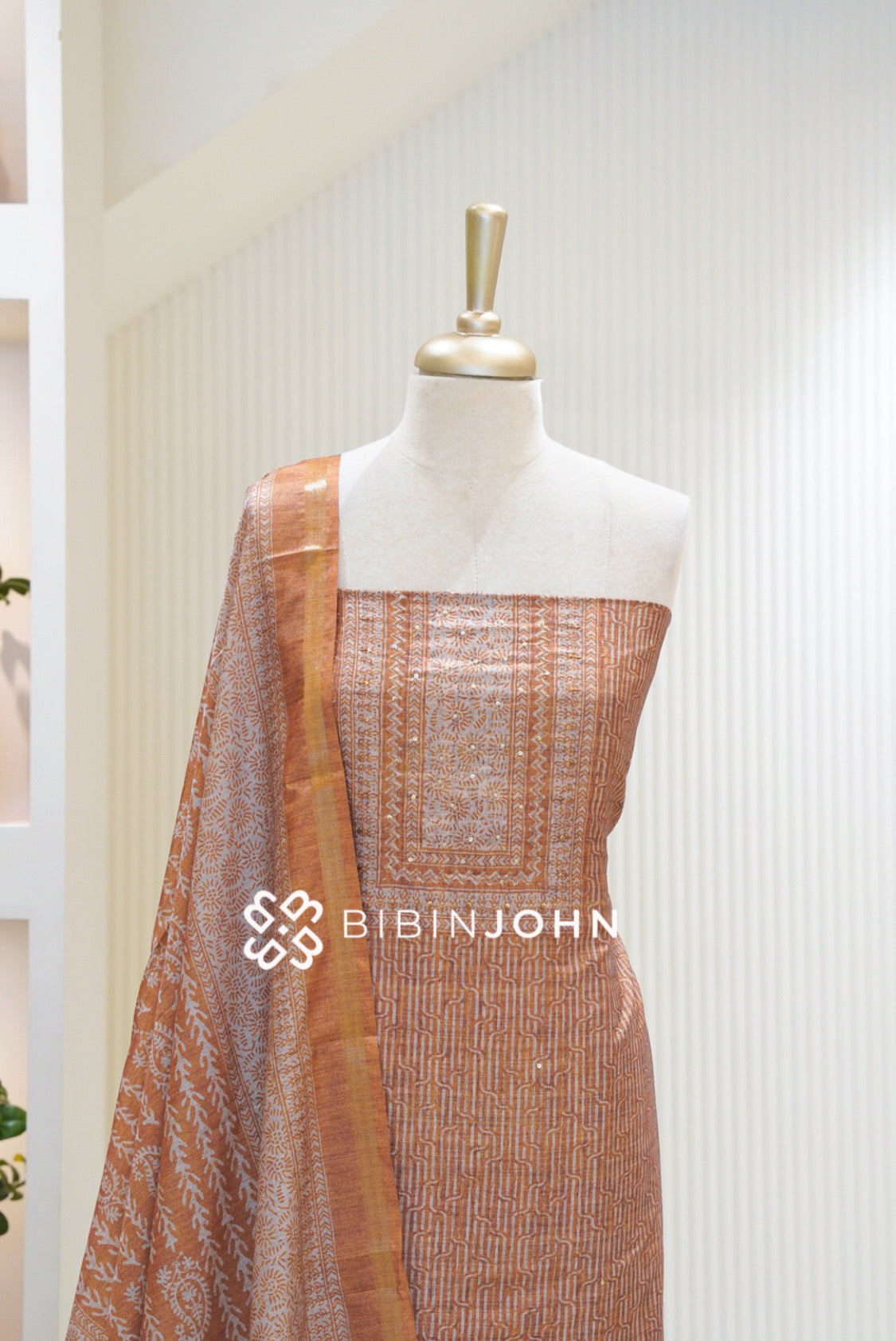 Printed Semi Silk Unstitched Salwar Suit Material Peach Orange BJ2361