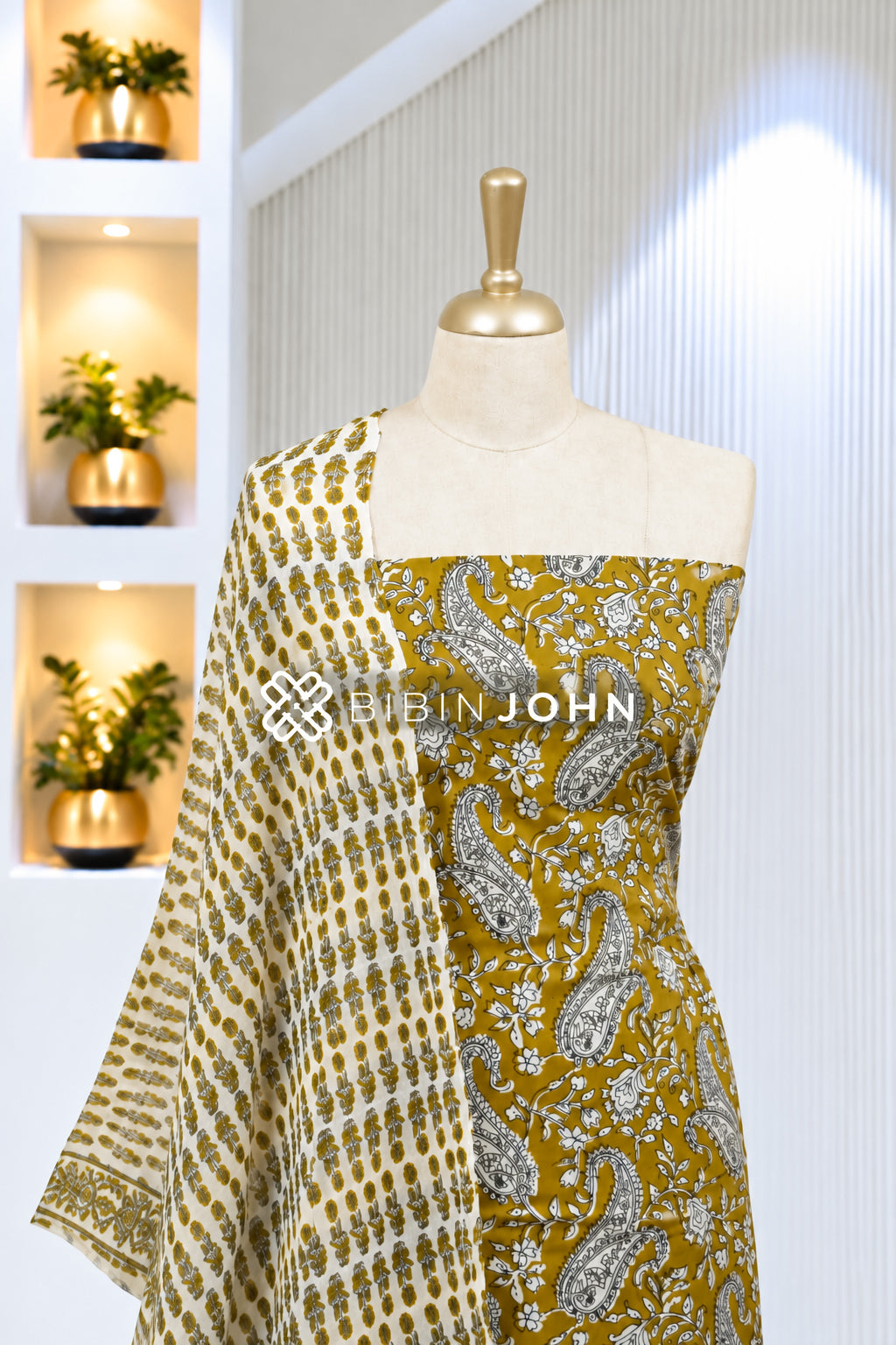 Printed Cotton Unstitched Salwar Suit Material Mustard Olive Yellow BJ1932