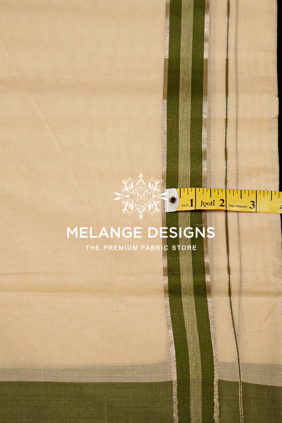 Premium Cotton Dhoti for Men Off-White with Olive Green Close Up.