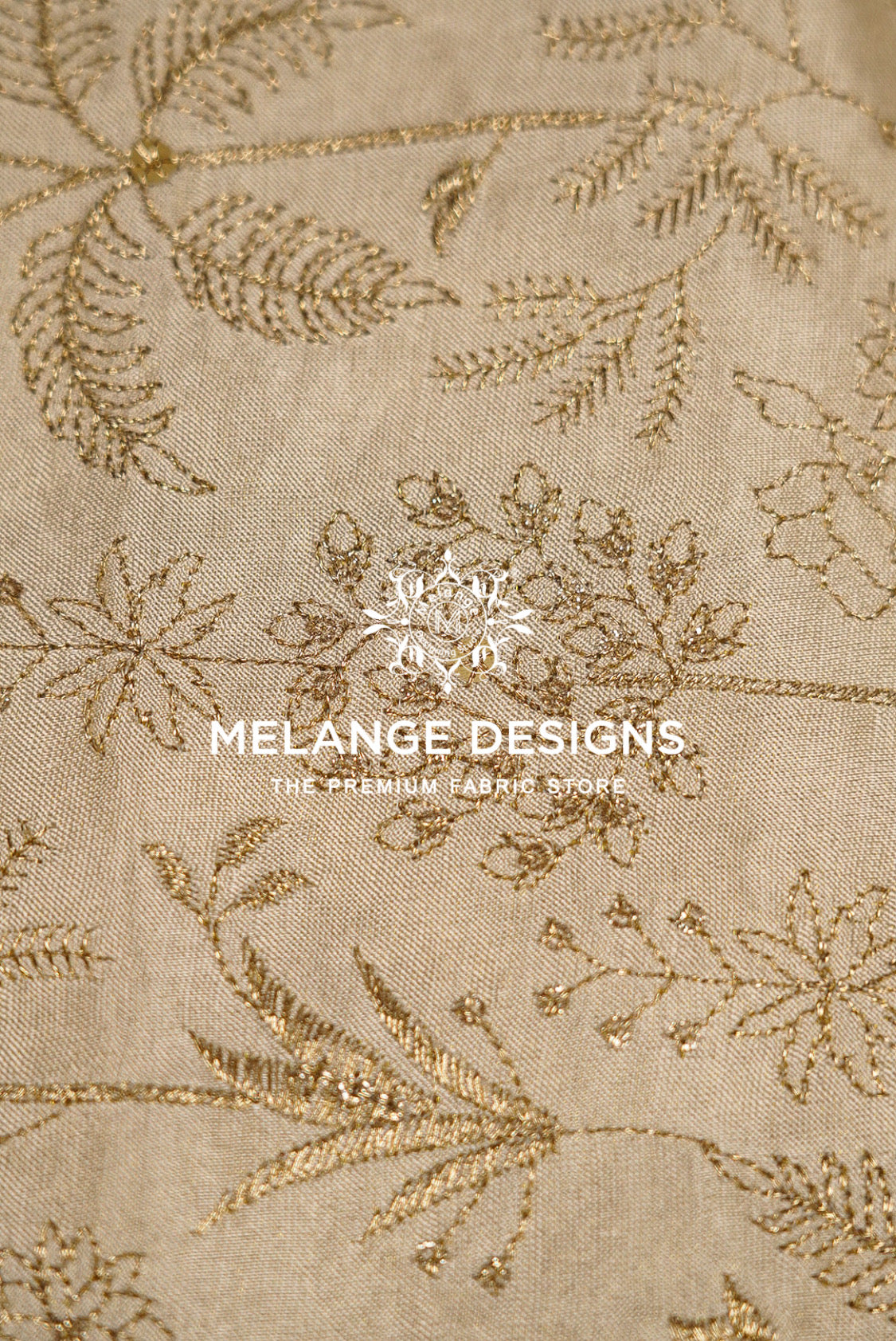 Beige linen Tissue Satin Embroidery Fabric Dyeable with gold metallic floral embroidery.