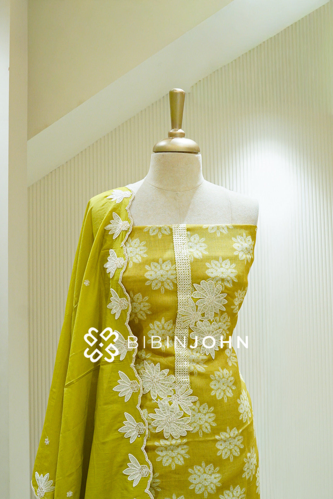 Linen Embroidery Unstitched Salwar Suit Material Mustard Lime BJ1288