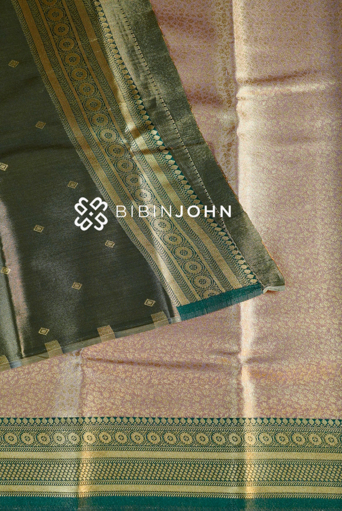 Semi Tissue Silk Saree For Women Antique Gold and Bottle Green close view