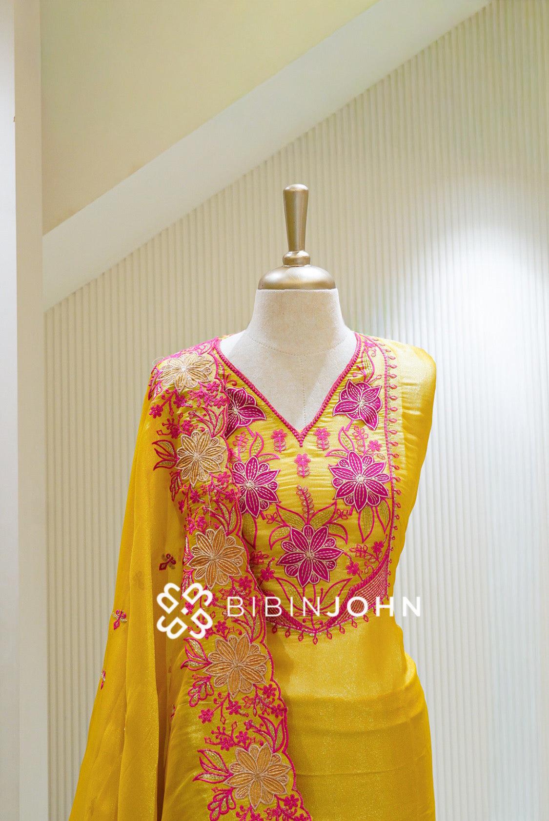 Semistitched Tissue Embroidery Salwar Suit Material Mustard Yellow BJ1491