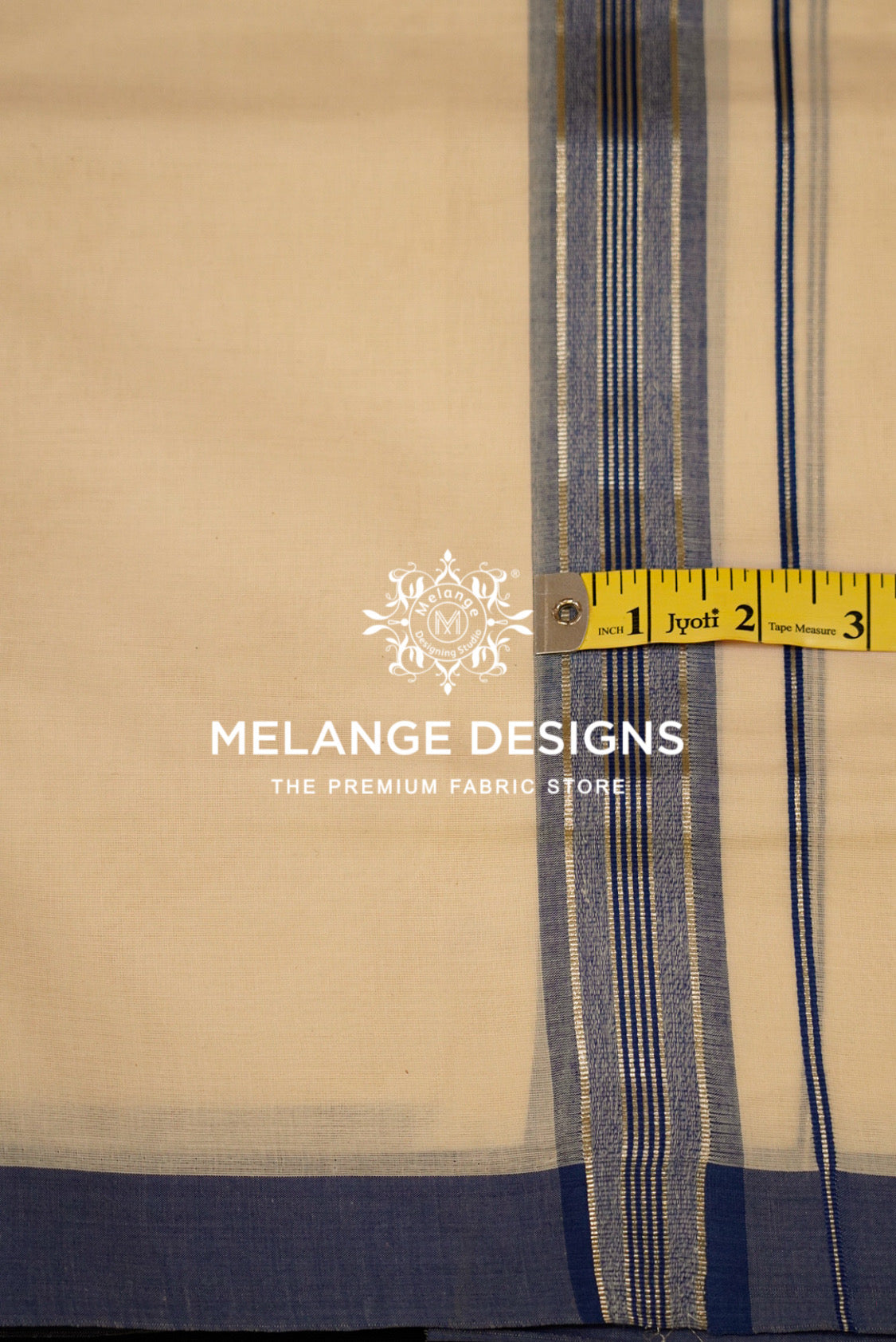 Premium Cotton Dhoti for Men Off-White with Navy blue Close Up.