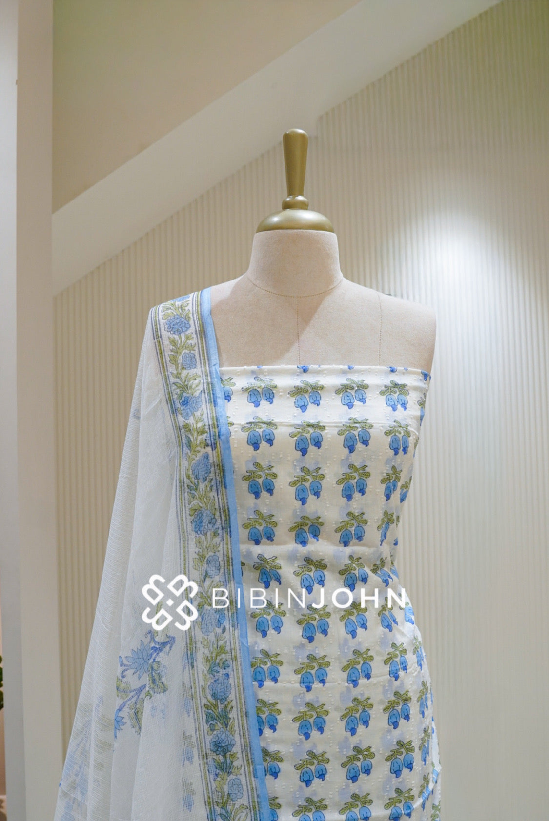 Printed Cotton Unstitched Salwar Suit Material White with Sky Blue BJ2801
