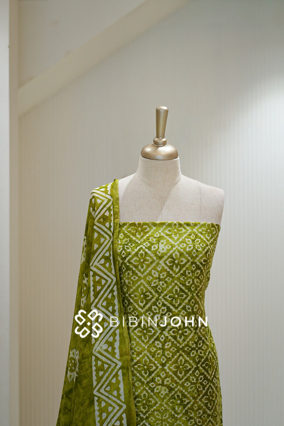 Batik Printed Chanderi Unstitched Salwar Suit Material Olive Green BJ2305