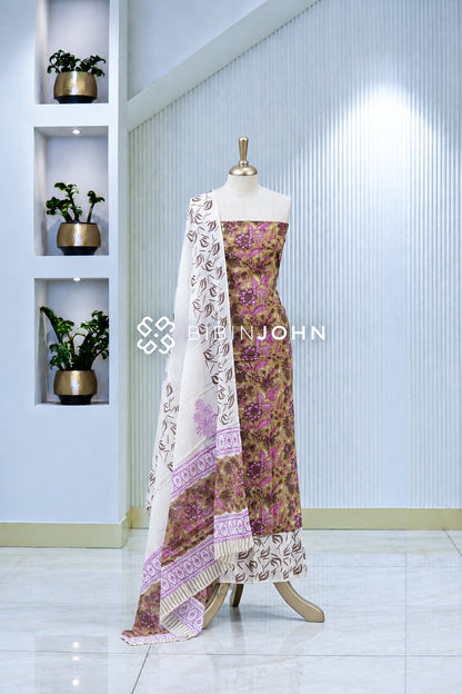 Printed Cotton Unstitched Salwar Suit Material Olive Brown With  Magenta BJ1958