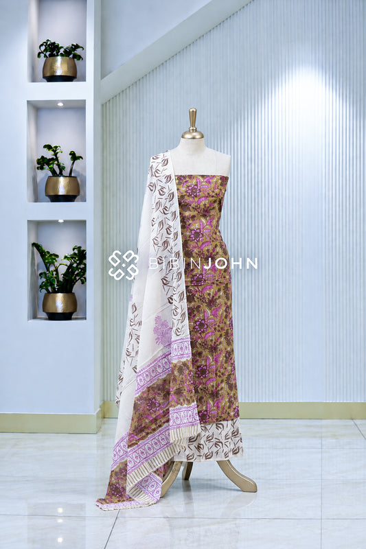 Printed Cotton Unstitched Salwar Suit Material Olive Brown With  Magenta BJ1958