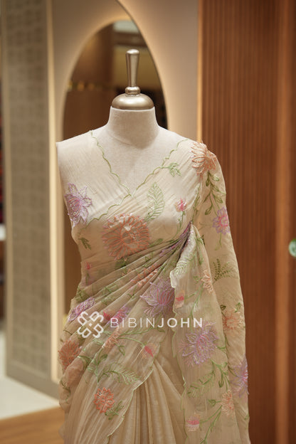 Organza Embroidery Saree For Women Champagne Beige BJ2355