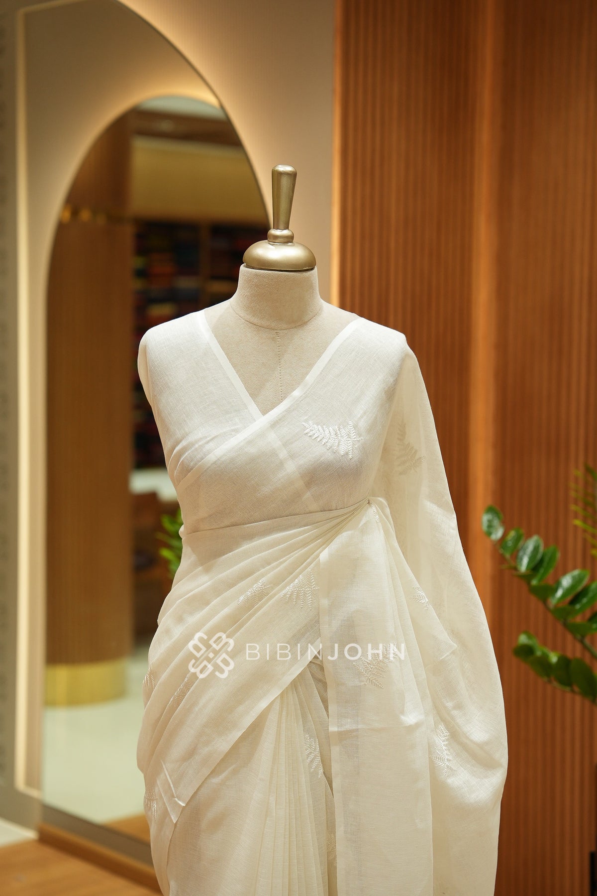 Linen Embroidery Saree For Women Ivory White BJ2462