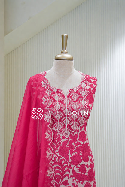 Cotton Linen Semi Stitched Salwar Suit Material Rani Pink BJ1801