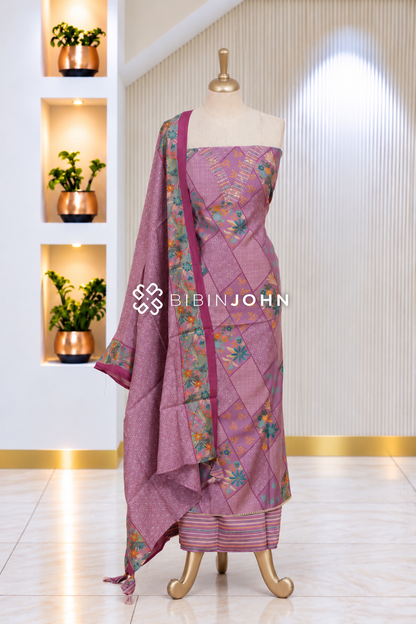 Silk Hand Embroidery Unstitched Salwar Suit Material Dusty Mauve BJ2094