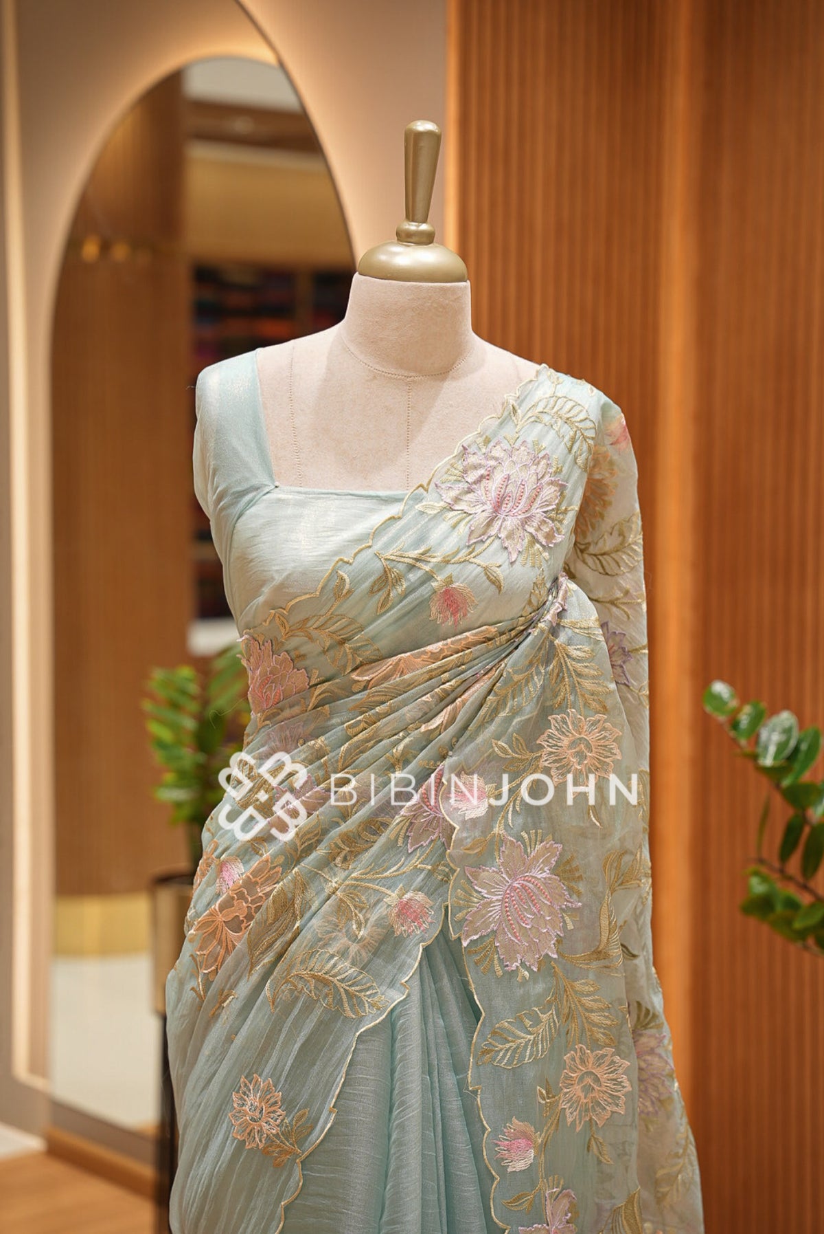 Tissue Organza Embroidery Saree Seafoam Green/Pastel Blue BJ0937