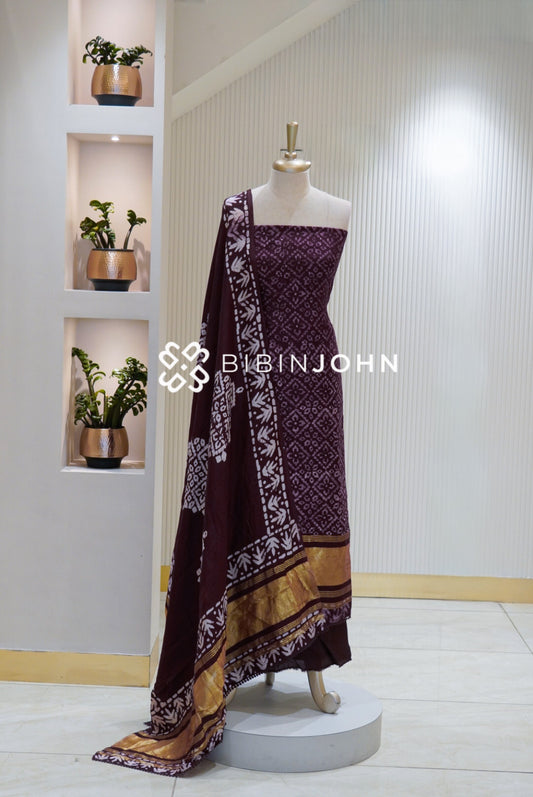 Semi Silk Batik Unstitched Salwar Suit Material Wine Maroon BJ2155